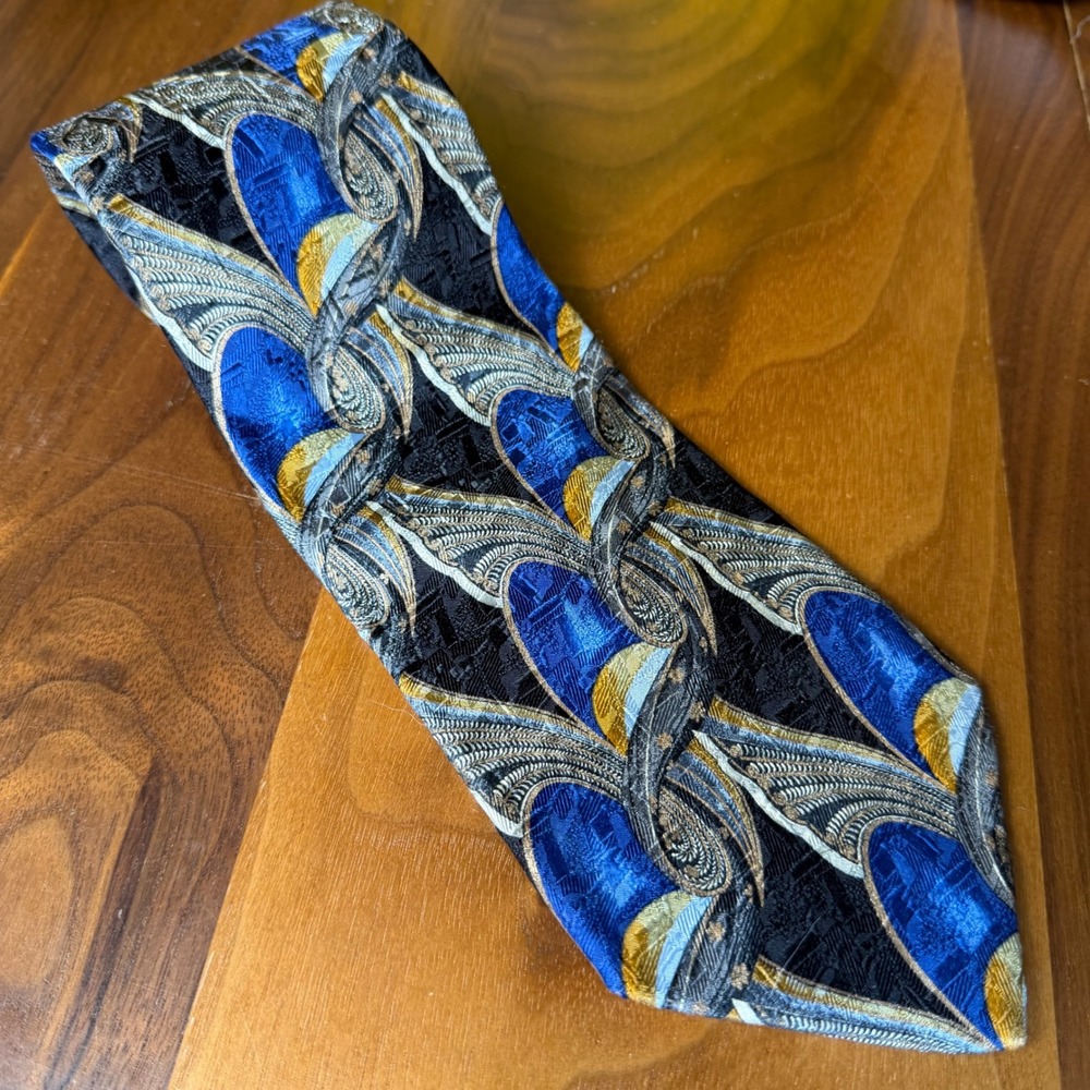 Ermenegildo Zegna Necktie Mens Silk Black Blue Gold Abstract Paisley Pattern